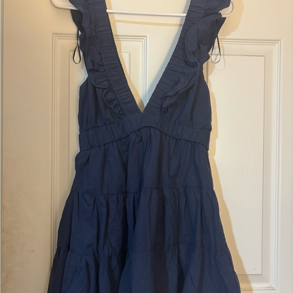 Thats So Fetch Deep V Neck Navy Blue Ruffled Dress